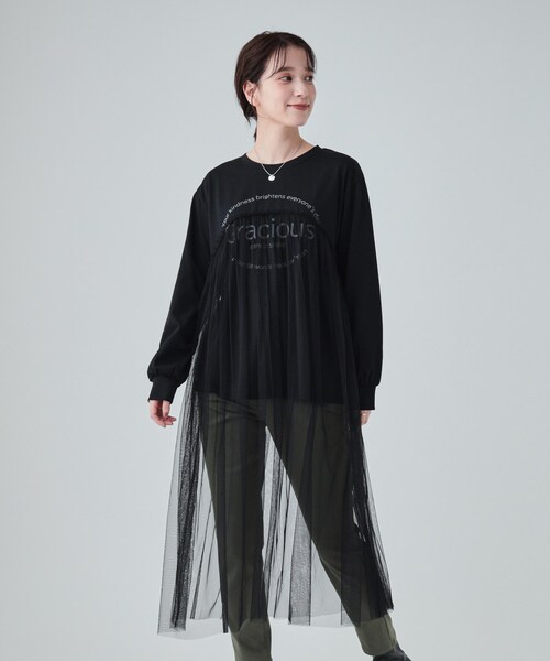 Cutie Blonde(キューティーブロンド)の「◆ふわっと揺れる チュールレイヤードトップス(Tシャツ/カットソー・レディース・ブラック/グレー・01/02/03/04)」の4枚目の写真