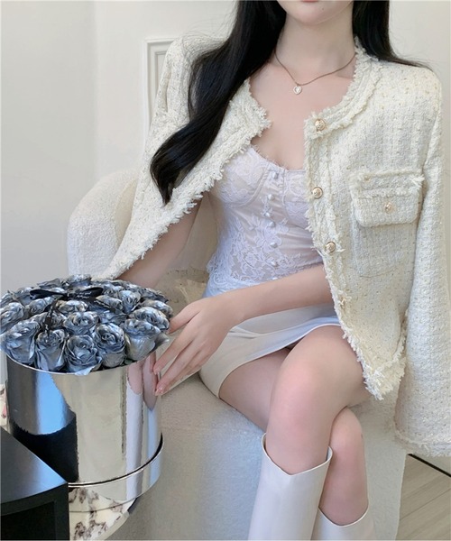 ノーカラーフリンジツイードジャケット（ノーカラージャケット）｜AMAJI（アマジ）