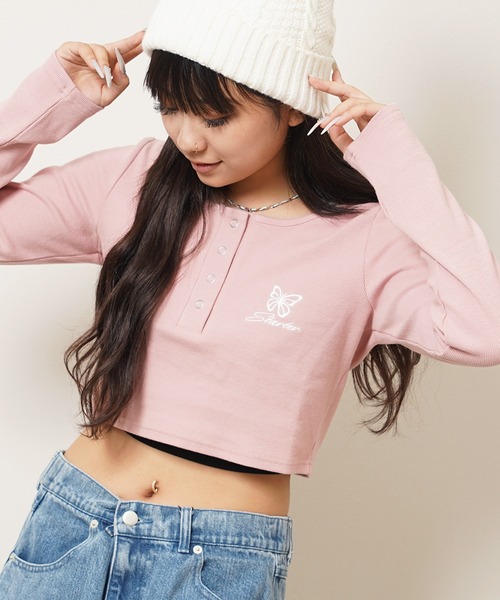 STARTER BLACK LABEL(スターターブラックレーベル)の「テレコ ヘンリーネック ショート丈 長袖Tシャツ / Teleco Henry Neck Short Length Long Sleeved T-Shirt(Tシャツ/カットソー・レディース・ブラック/ホワイト/ピンク・ONE SIZE)」の3枚目の写真