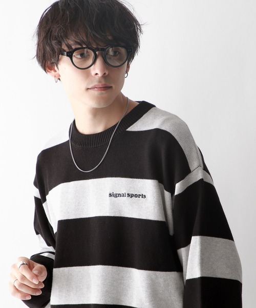 RAGEBLUE（レイジブルー）の「【SIGNAL SPORTS】ボーダー/ワンポイント刺繍クルーネックニット（ニット/セーター・メンズ・ネイビー/グレー・MEDIUM/LARGE）」の2枚目の写真