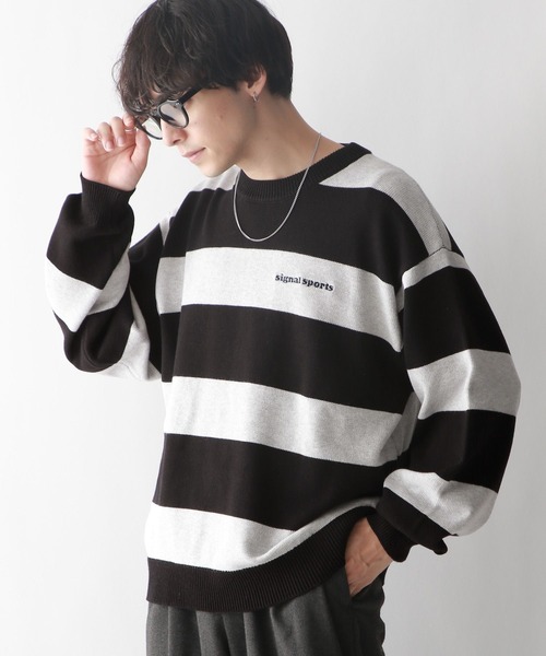 RAGEBLUE（レイジブルー）の「【SIGNAL SPORTS】ボーダー/ワンポイント刺繍クルーネックニット（ニット/セーター・メンズ・ネイビー/グレー・MEDIUM/LARGE）」の3枚目の写真