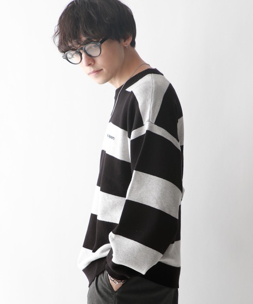 RAGEBLUE（レイジブルー）の「【SIGNAL SPORTS】ボーダー/ワンポイント刺繍クルーネックニット（ニット/セーター・メンズ・ネイビー/グレー・MEDIUM/LARGE）」の4枚目の写真