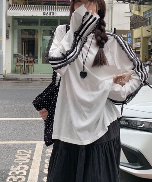 Mayree(メイリー)の「【Mayree】リボン レース サイドライン カットソー(Tシャツ/カットソー・レディース・ネイビー/ホワイト/ブラック・MEDIUM/LARGE/X-LARGE/SMALL)」の15枚目の写真