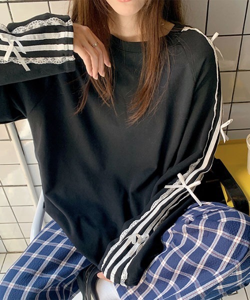 Mayree(メイリー)の「【Mayree】リボン レース サイドライン カットソー(Tシャツ/カットソー・レディース・ネイビー/ホワイト/ブラック・MEDIUM/LARGE/X-LARGE/SMALL)」の16枚目の写真