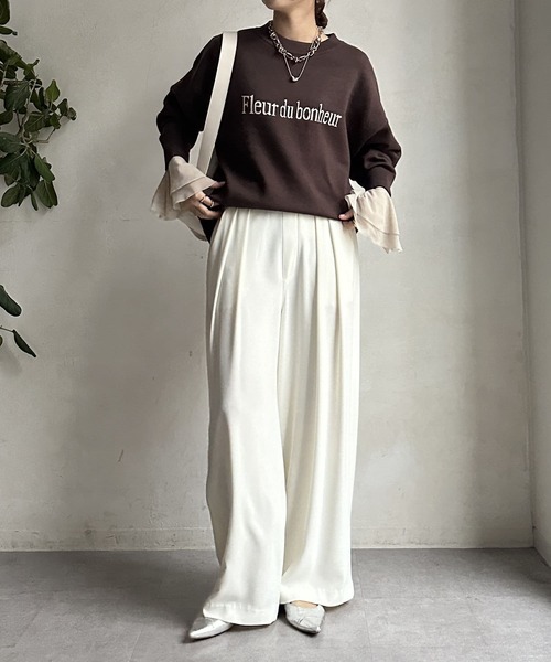 DouDou(ドゥドゥ)の「チュール袖フレアTEE(Tシャツ/カットソー・レディース・オフホワイト/ブラック/ベージュ・FREE)」の4枚目の写真
