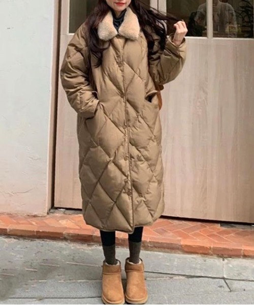 セール】キルティングふんわりファー付きロング中綿コート（ダウン