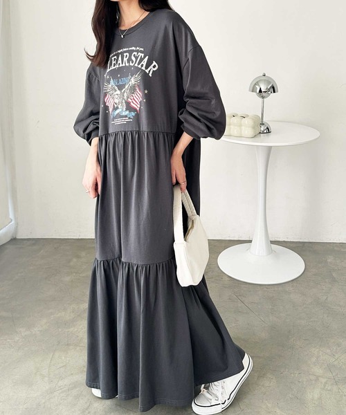FIRST MOOD（ファーストムード）の「《FIRSTMOODコラボ》ピグメント風グラフィックティアードワンピ―ス（ワンピース・レディース・チャコールグレー/チャコール/グレー系その他・LARGE/MEDIUM）」の15枚目の写真