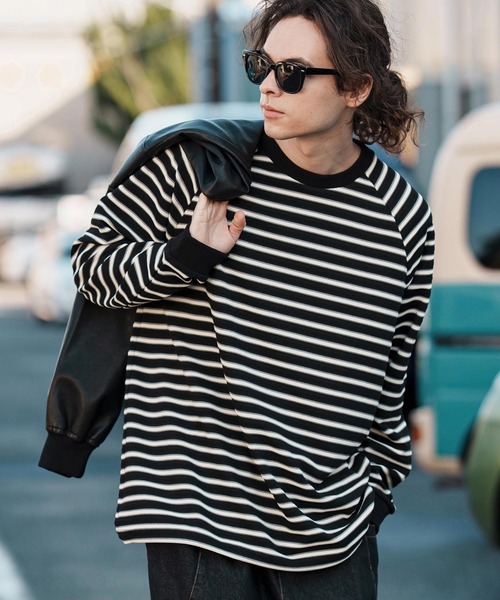 CAMBIO（カンビオ）の「mlt5075-ボーダースピンドルカットソー（Tシャツ/カットソー・メンズ・ブラック/ベージュ/グリーン・M/L/XL）」の2枚目の写真