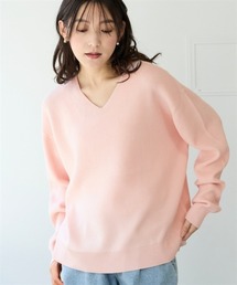 マシュマロニット畦編みオーバーサイズVネックトップス<大きいサイズ有>