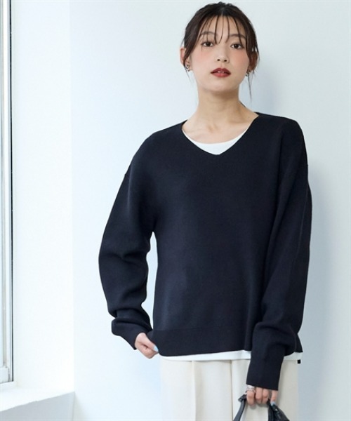 nissen（ニッセン）の「マシュマロニット畦編みオーバーサイズVネックトップス＜大きいサイズ有＞（ニット/セーター・レディース・杢グレー/ブラック/ベージュ/ライム/ピンク・3L/S/M/L/LL）」の6枚目の写真