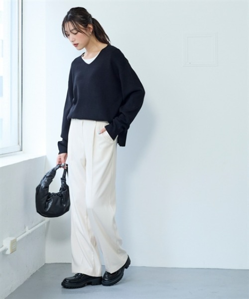 nissen（ニッセン）の「マシュマロニット畦編みオーバーサイズVネックトップス＜大きいサイズ有＞（ニット/セーター・レディース・杢グレー/ブラック/ベージュ/ライム/ピンク・3L/S/M/L/LL）」の7枚目の写真