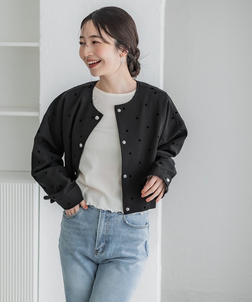 coca（coca）（コカ）の「フロッキードットジャケット（ブルゾン・レディース・ブラック・S/L/M）」の4枚目の写真
