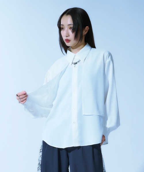 Ellno Loset（エルノロゼット）の「シアーフラシレイヤードシャツ（シャツ/ブラウス・メンズ・オフホワイト/ブラック・MEDIUM/SMALL/LARGE）」の7枚目の写真