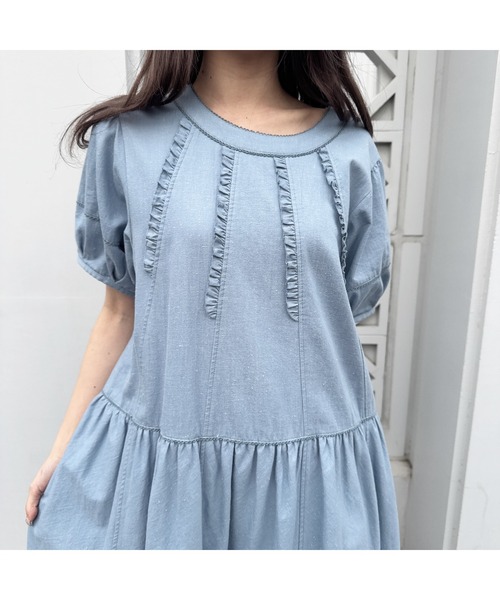 美品！PINK HOUSE　ローン使いデニムワンピース　ネイビー　フリル 美品！PINK HOUSE ローン使いデニムワンピース ネイビー フリル
