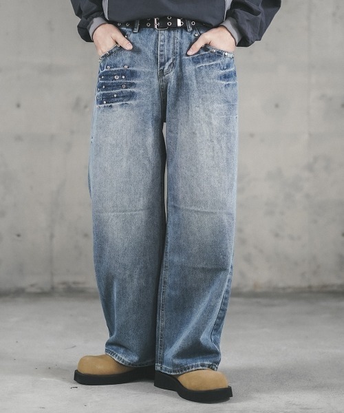 セール】Pocket stud design wide denim pants / ポケット