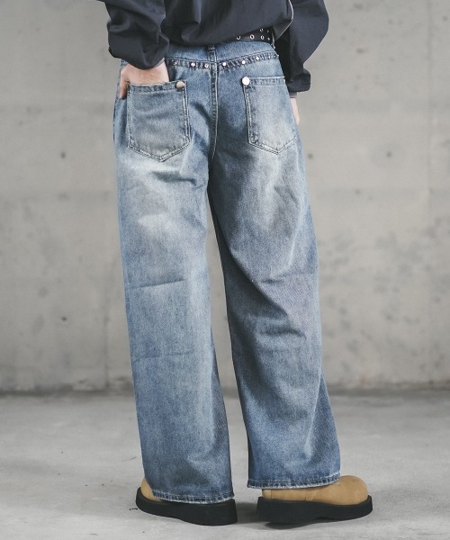 セール】Pocket stud design wide denim pants / ポケット