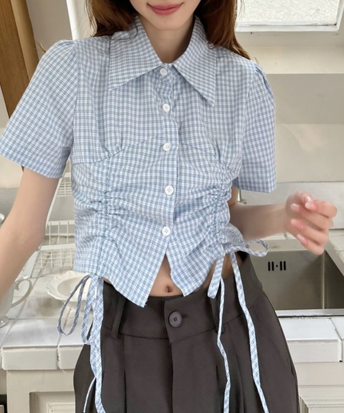 Ada.(エイダ)の「ドロスト リボン ショートシャツ チェック/無地(シャツ/ブラウス・レディース・ブルー/アイボリー/ライトブルー/ブラック/ライトピンク/ブラウン・M/L)」の10枚目の写真