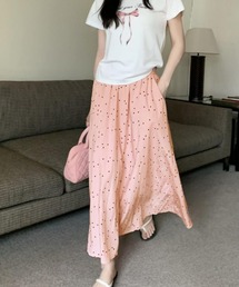 【モード】3months 24AW 水玉プリーツピンクワイドスカート ドット スカート ティアードスカート ロング ティアード
