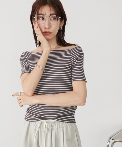 セール】ボーダーリブオフショルプルオーバー（Tシャツ