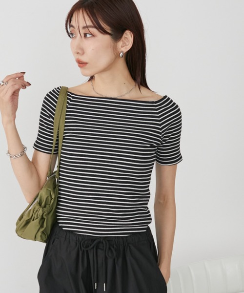 tシャツ ボーダーオフショルプルオーバー レディース セール】ボーダーリブオフショルプルオーバー（Tシャツ