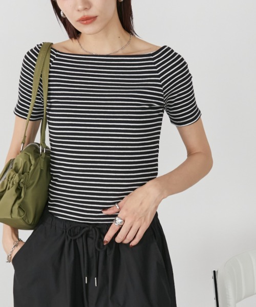 Auntie Rosa Holiday(アンティローザホリデー)の「ボーダーリブオフショルプルオーバー(Tシャツ/カットソー・レディース・ブラック/ブラウン・FREE)」の11枚目の写真