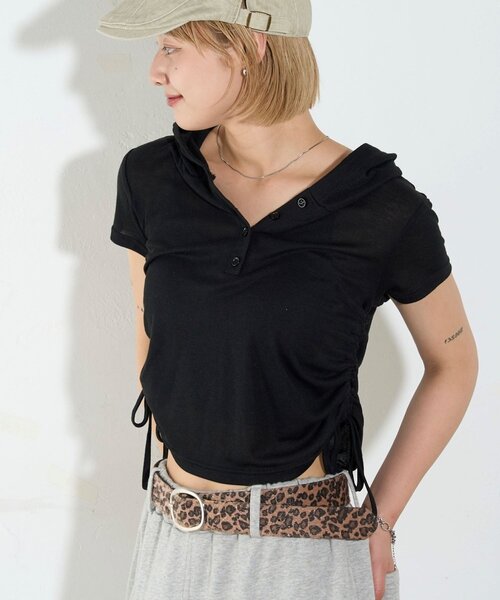 WHO'S WHO gallery(フーズフーギャラリー)の「【新色レース】シアー/レース ヘンリー半袖パーカー(Tシャツ/カットソー・レディース・ブラック/オフホワイト/グレー/ホワイト/ブラック系その他・FREE)」の9枚目の写真