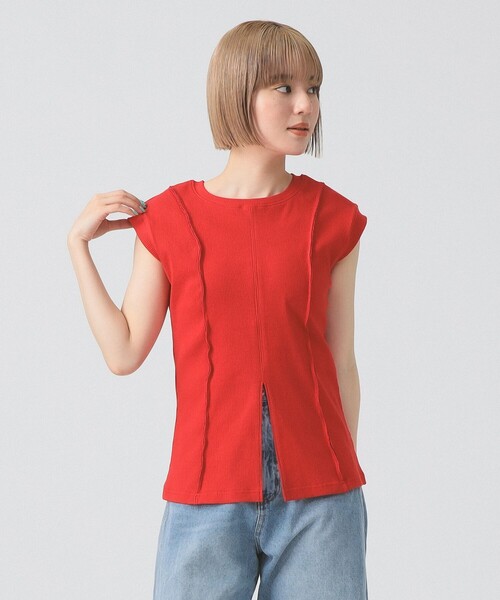 【美品】Ray BEAMS ノースリーブニット オレンジ系 リブ フロント スリット ノースリーブ カットソー（Tシャツ