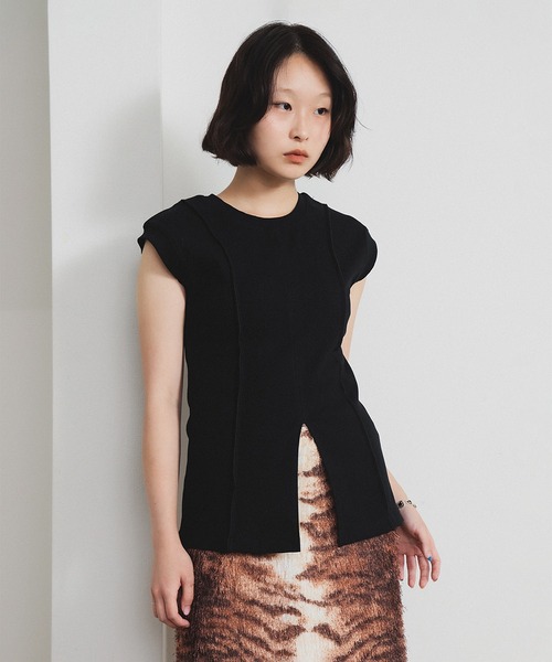 tシャツ リブ フロント スリット ノースリーブ カットソー レディース リブ フロント スリット ノースリーブ カットソー（Tシャツ