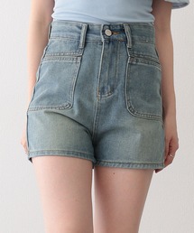 ウォッシュ加工 ハイウエスト フレア デニム ショートパンツ
