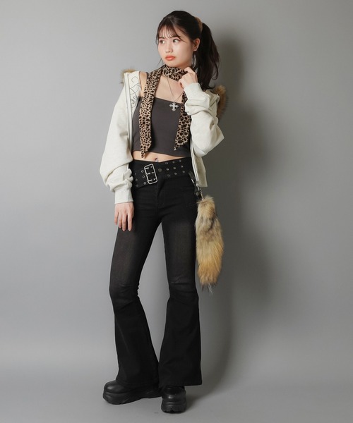 セール】太ベルトで一気にY2Kムード☆ヴィンテージ加工フレアデニム