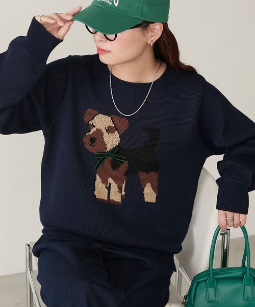 BONLECILL(ボンルシール)の「アソートリボンDOGジャガードニットプルオーバー(ニット/セーター・レディース・チャコールグレー/ネイビー/アイボリー・FREE)」の9枚目の写真