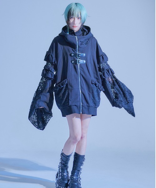 bulbubuブルブブ♡フリルいっぱいコスメパーカー♡SSS フリルハイネックパーカー<light blue × black> | satoi