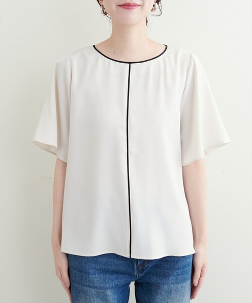 natural couture(ナチュラルクチュール)の「バイカラーフレア袖ブラウス(シャツ/ブラウス・レディース・ネイビー/ミント/ピンクベージュ/チャコールグレー/オフホワイト・FREE)」の15枚目の写真