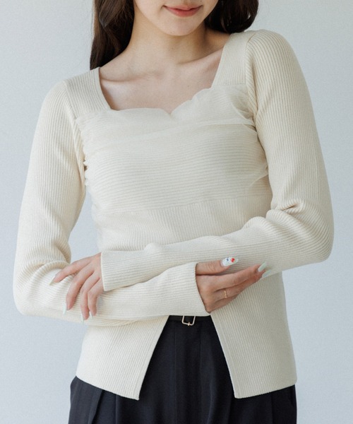 SENEE（セニー）の「square decollete tulle knit tops（スクエア