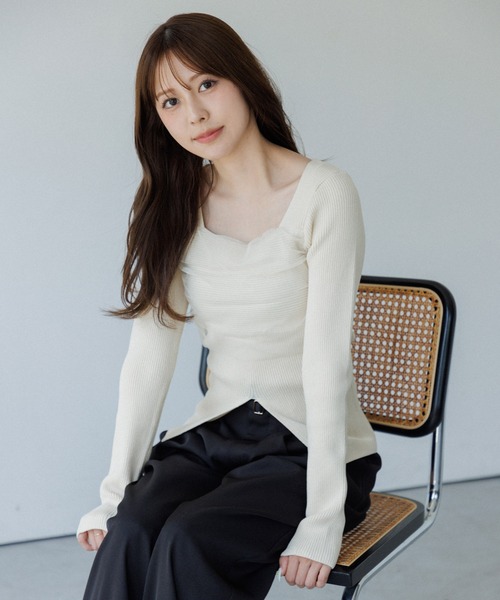 square decollete tulle knit tops（スクエアデコルテチュールニット
