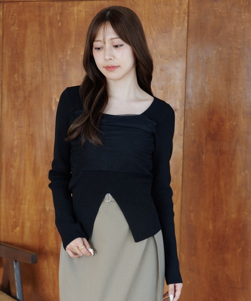 square decollete tulle knit tops（スクエアデコルテチュールニット