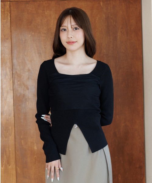 square decollete tulle knit tops（スクエアデコルテチュールニット