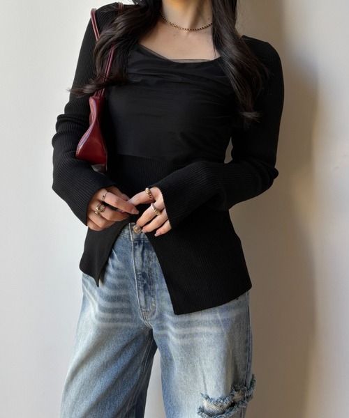 senee スクエアデコルテチュールニットトップス square decollete tulle knit tops（スクエアデコルテチュールニット