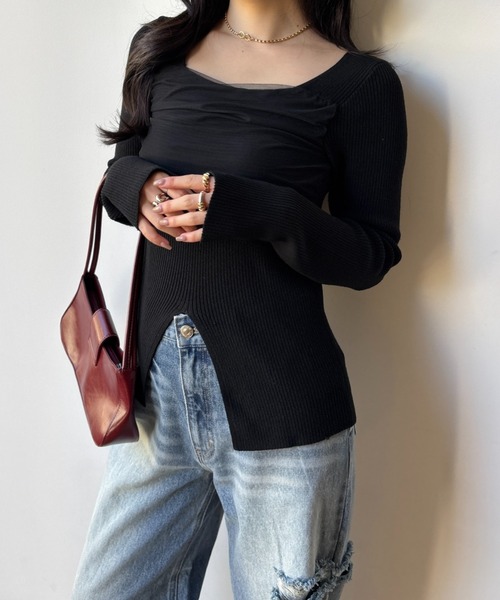 square decollete tulle knit tops（スクエアデコルテチュールニット