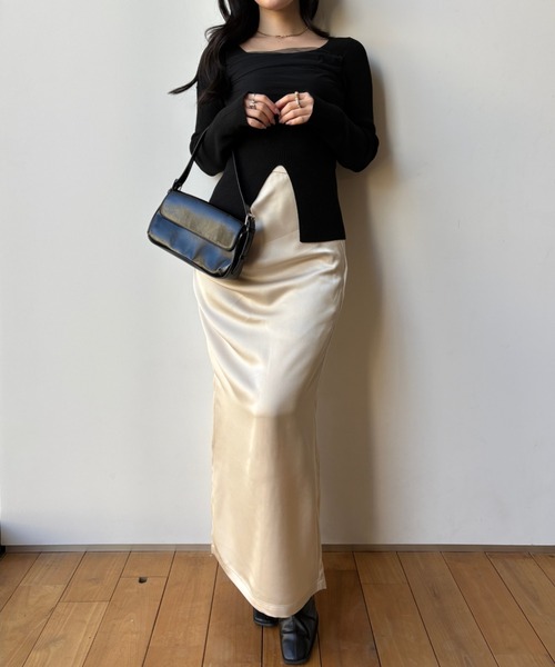 square decollete tulle knit tops（スクエアデコルテチュールニット