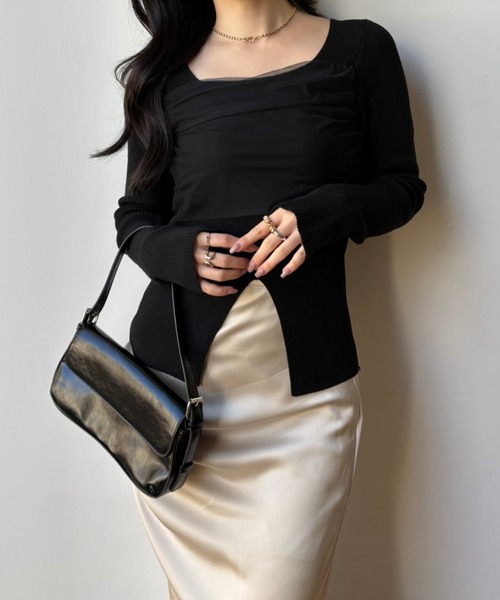 square decollete tulle knit tops（スクエアデコルテチュールニット