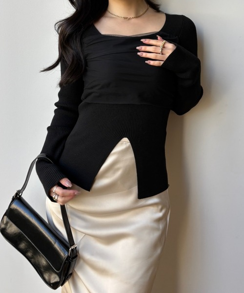 square decollete tulle knit tops（スクエアデコルテチュールニット