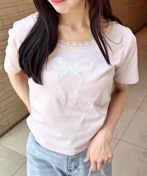 INGNI(イング)の「レース付きリボンTシャツ(Tシャツ/カットソー・レディース・ピンク/ブラック/オフホワイト/グレー・M)」の4枚目の写真