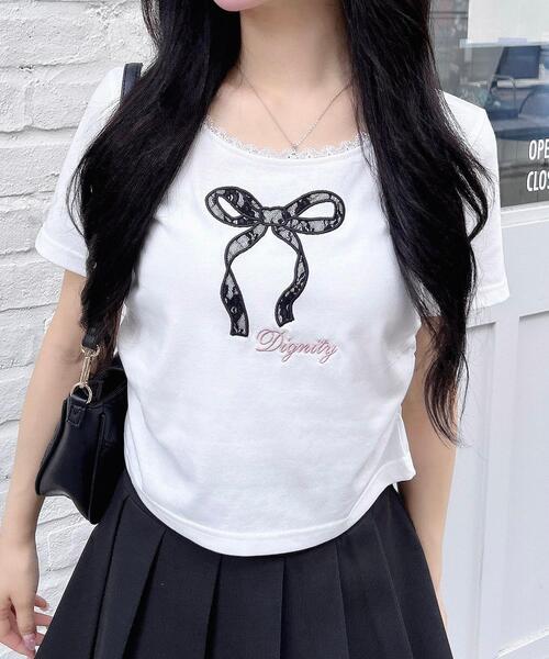 INGNI(イング)の「レース付きリボンTシャツ(Tシャツ/カットソー・レディース・ピンク/ブラック/オフホワイト/グレー・M)」の9枚目の写真