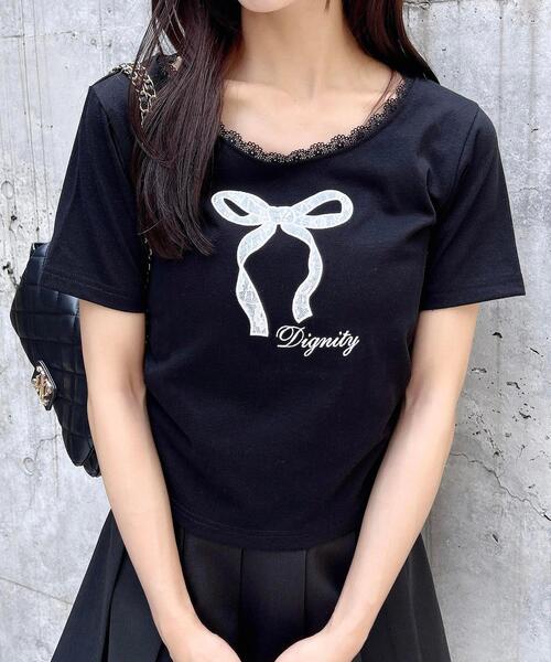 INGNI(イング)の「レース付きリボンTシャツ(Tシャツ/カットソー・レディース・ピンク/ブラック/オフホワイト/グレー・M)」の11枚目の写真