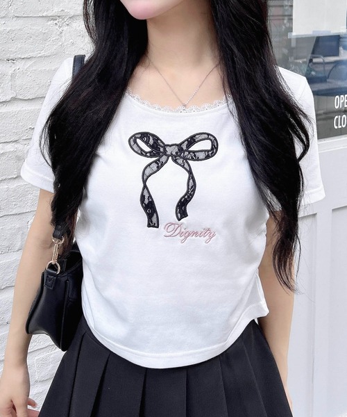 INGNI(イング)の「レース付きリボンTシャツ(Tシャツ/カットソー・レディース・ピンク/ブラック/オフホワイト/グレー・M)」の2枚目の写真