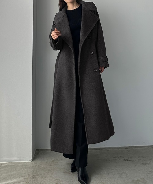 2wayハイネックウールライクウエストシェイプフレアコート（ステン