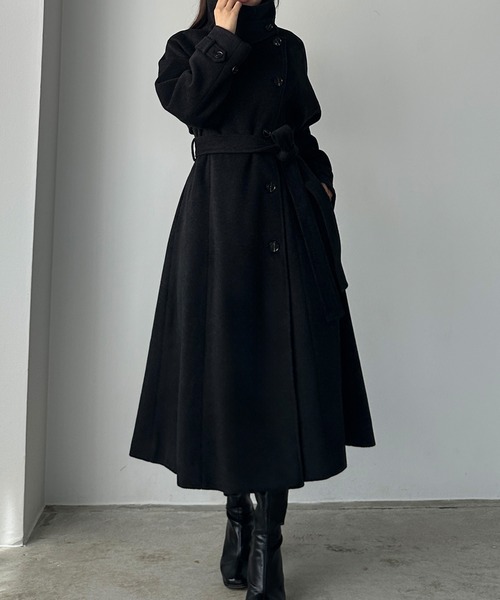 2点おまとめ⭐︎ジッパー付ハイネックスカーフ＆ウールブレンドロングコート(M) セール】2wayハイネックウールライクウエストシェイプフレアコート