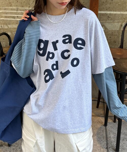 CIAOPANIC TYPY（チャオパニックティピー）の「【UNISEX】レイヤードボーダーロゴロンTEE（Tシャツ/カットソー・レディース・グレー/ブラウン/ライトグレー/ホワイト・LARGE/MEDIUM）」の3枚目の写真