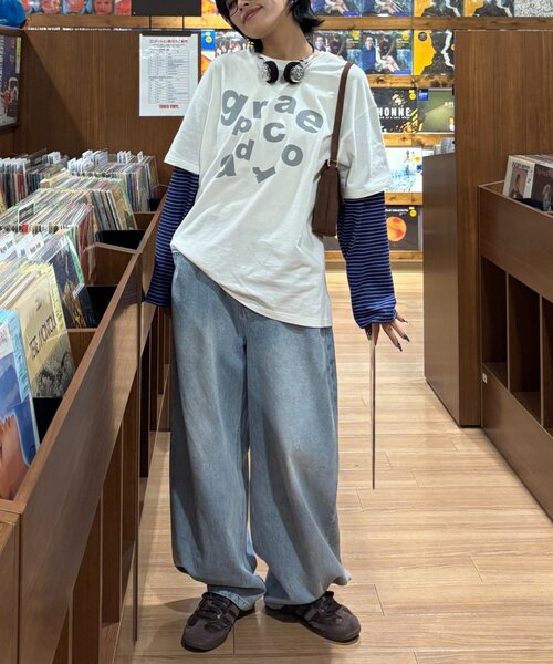 CIAOPANIC TYPY（チャオパニックティピー）の「【UNISEX】レイヤードボーダーロゴロンTEE（Tシャツ/カットソー・レディース・グレー/ブラウン/ライトグレー/ホワイト・LARGE/MEDIUM）」の9枚目の写真